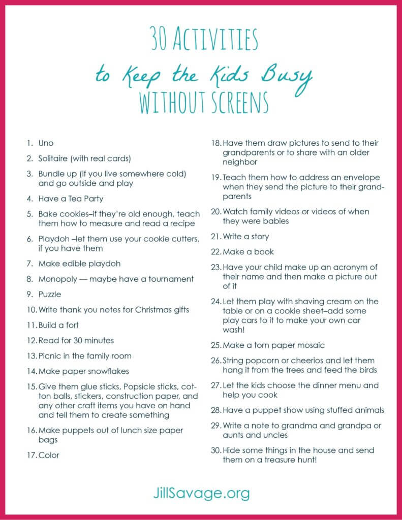 30 Activities To Keep The Kids Busy Without Screens (free Printable 